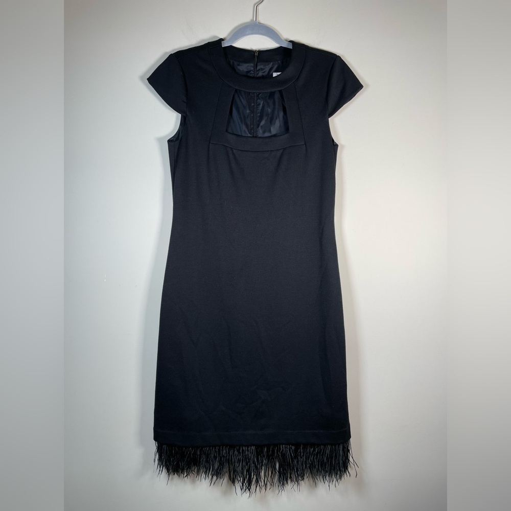 TRINA TURK Black Cut Out Stretch wool Feather Trimmed Sheath Dress Sz 6 
LBD - Picture 5 of 14